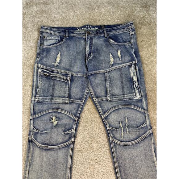 8IGHTH DSTRKT Blue Gray Men's Biker Denim Cargo Jeans Size 42x27 Hemmed B381 - Picture 2 of 16